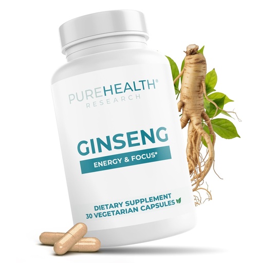 [BRSRYY3YAV7RAH3F] PUREHEALTH RESEARCH Ginseng for Women & Men - Energy & Focus Support with Panax Ginseng Stem & Leaf Extract, Ginsenosides, Daily Vitality, Mental Clarity, High Potency 500mg - 30 Vegetarian Capsules