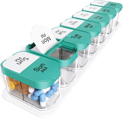 [BRSRMC3YAUFGYG3A] Odaro Extra Large Weekly Pill Organizer 2 Times A Day, Pill Box 7 Day Am Pm to Hold Daily Medicine Vitamin and Supplements - Cyan