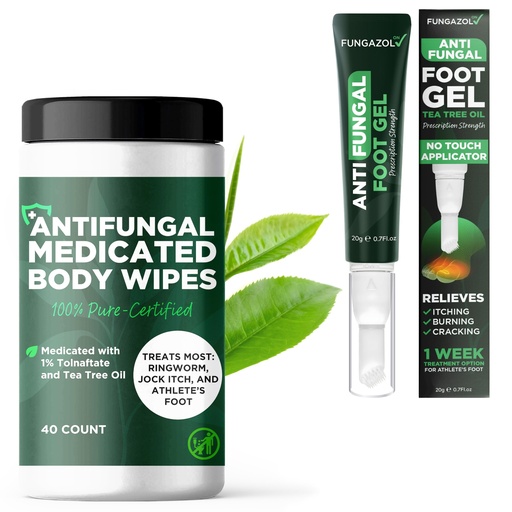 [BRSREYL7C4MW2AA2] Tea Tree Oil Antifungal Foot Gel + Medicated Body Wipes for Men & Women | Relieves Jock Itch, Athlete’s Foot, Ringworm | Soothes Itching & Burning | 1% Tolnaftate + No-Touch Applicator | 20g + 40 Wipe