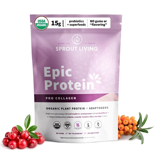 [BRSWGC32DJYAK33K] Sprout Living Epic Protein, Plant Based Protein & Superfoods Powder, Pro Collagen, Berry | 15 Grams Organic Protein Powder, Vegan, Non Dairy, Non-GMO, Gluten Free, Low Sugar (0.7 Pound, 12 Servings)