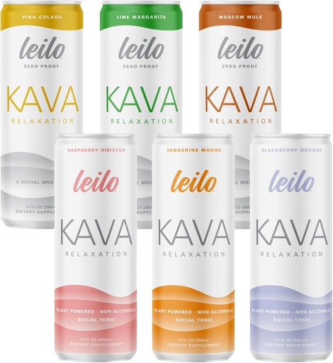 [BRSW2HYDBV6GCDQZ] LEILO | Kava Powered Sparkling Relaxation Drink | Variety Sampler 6-Pack – Non-ALC Calming Beverage – Includes (3) Classic & (3) Mocktail Flavors | 12 fl oz Cans (Pack of 6)