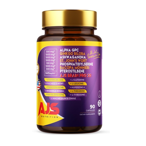 [BRSROAD5OV6WC3D7] AJS Alpha GPC Nootropic Brain Supplement,Phosphatidylserine,St. John'sWort Ginkgo Biloba,Ashwagandha,Bacopa Monnieri,Pterostilbene,Magnesium Glycinate,Ginkgo Biloba,5-MTHF,Huperzine A 60CT,90 capsules