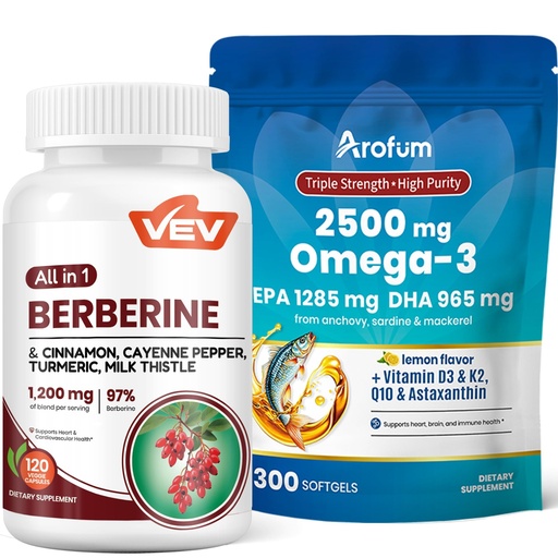[BRSRYZQPAUARMETP] VEV Berberine Supplement with Ceylon Cinnamon Arofum Omega 3 Fish Oil with Vitamin D3 K2