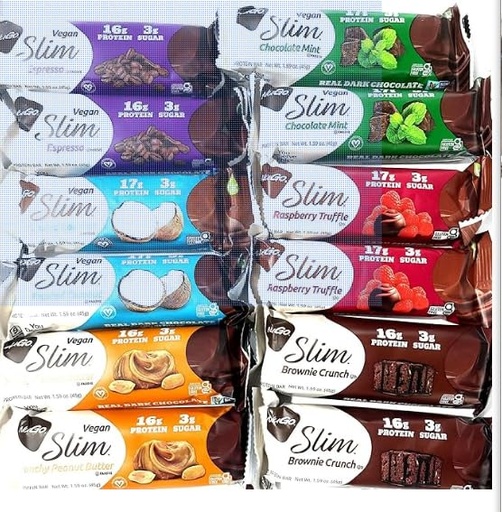 [BRSREBTYAQCWYYLD] Variety Pack – Slim High Protein Bars, 12 Count (16–17g Protein, 3g Sugar, High Fiber, Low Net Carbs) – Gluten-Free, Dairy-Free, Kosher, Flavors Include Peanut Butter, Chocolate Mint, Brownie, Truffle Toasted Coconut & Espresso – “Made for NuGo Nutrition” in “The Kitchen Queen” Packaging