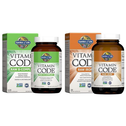 [BRSRAY33OYGQ4ADK] Garden of Life Vitamin B Complex 120 Vegan Capsules and Vitamin Code Raw Iron 30 Count Capsules Bundle