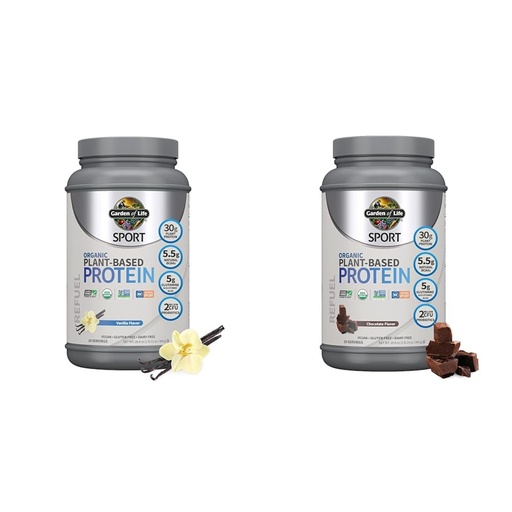 [BRSROCAFPICQ2D34] Garden of Life Organic Vegan Sport Protein Powder Bundle - Vanilla & Chocolate, 30g Plant Protein, Probiotics, BCAAs, 19 Servings Each