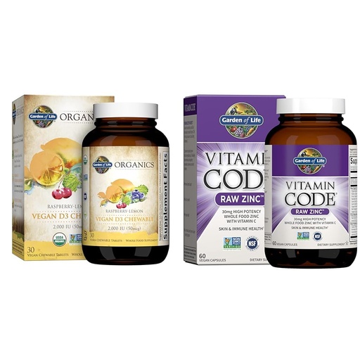 [BRSRAYIKDJYRUHL3] Garden of Life Organics Vegan Vitamin D3 Chewable Raspberry Lemon 2000 IU + Zinc Supplements 30mg Raw Zinc Vitamin C Immune Health