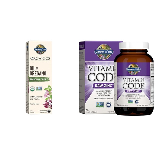 [BRSRAYYYCB5ROETK] Garden of Life Organics Oil of Oregano Drops, Zinc Supplements 30mg, Immune Support - Vegan