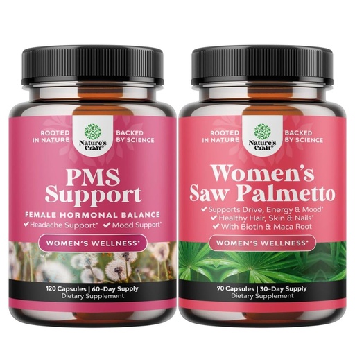 [BRSROCYBBFYGOCDK] Bundle of Advanced PMS Support Supplement for Low Energy Mood Support Period Cramps and Bloating Relief for Women and Extra Strength Saw Palmetto for Women - DHT Blocker Thickening Hair Vitamin