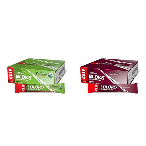 [BRSRAYYZDEOWMF3G] Cliff BLOKS Salted Watermelon 2X Sodium & Black Cherry Caffeine Energy Chews Bundle - 2 Packs 18 Count 2.12oz Each - Quick Carbs and Electrolytes for Cycling Running