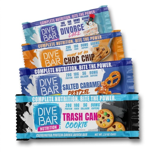 [BRSRGHD5A4GRQCDZ] Dive Bar Nutrition Protein Bars | 20g Protein, 10g Fiber + Collagen | 90mg Caffeine Energy Snack | 4 Count (Starter Pack)