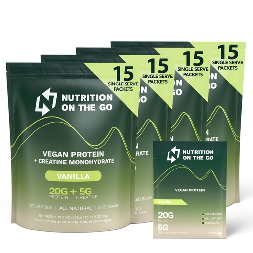 [BRSRAAYPBEIAI3TK] Nutrition On The Go Vegan Protein Powder Packets with Creatine – 20g Plant Proteins + 5g Creatine – Single-Serve Travel Protein Powder – All-Natural, Gluten-Free – Vanilla – (60-Pack)