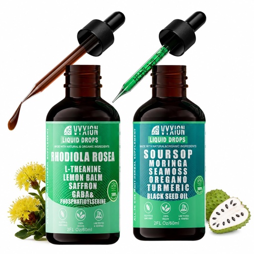 [BRSRYYLRCMMAEF3O] Soursop Bitters Liquid Drops & Rhodiola Rosea Tincture, Herbal Extracts with Sea Moss, Moringa, Turmeric, Saffron, GABA, L-Theanine, Daily Wellness, Uses for Adults, 2 Fl Oz (Pack of 2)