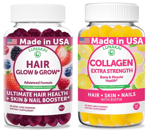 [BRSREAYCOQCAYHLX] Lunakai USA Made Hair Glow & Grow + Collagen Extra Strength Gummies Bundle – Naturally Flavored, Non-GMO – 60ct Each