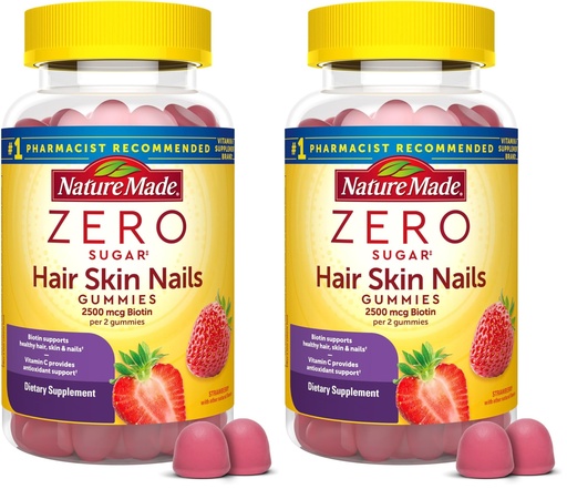 [BRSRGGQKOICQAHLL] Nature Made Zero Sugar Hair Skin Nails Gummies,Biotin 2500 mcg per Serving,120 Sugar Free Gummies,60 Day Supply,(Pack of 2)