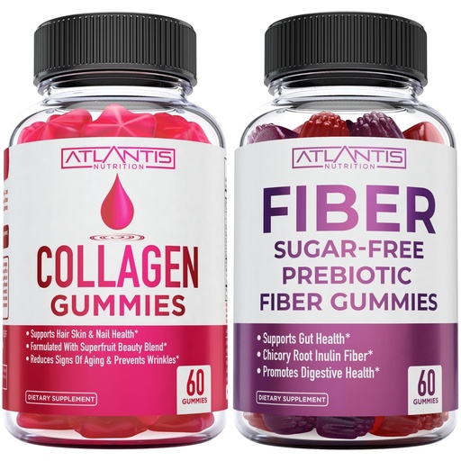 [BRSROZTYCF6GAAYZ] Atlantis Nutrition Collagen 60 Gummies + Sugar Free Prebiotic Fiber Gummies for Adults 2-Pack (120 Gummies)