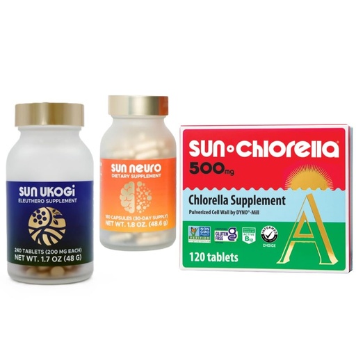 [BRSREZT5CAHA4A3G] Sun Chlorella Wellness Trio Bundle 3ct - 500mg Whole Body Green Algae Superfood Supplement 120 Tablets - Sun Neuro Nootropic Focus Supplement 180 Capsules – Organic Sun Eleuthero 200mg, 240 Tablets