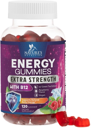 [BRSRMGQRPN6RSCDZ] Energy Gummies - Vitamin B12 1000 mcg Per Serving - Daily Energy Chews with Natural Caffeine from Green Tea, Berry Flavored B12 Gummy Exercise Supplement for Running Cycling & Sports - 120 Gummies