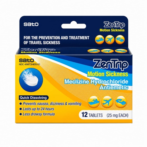 [BRSW2FICOR6QOYA4] Sato ZenTrip Motion Sickness Tablets, Meclizine HCl 25mg, Fast-Dissolving Travel Sickness Relief for Nausea, Vomiting & Dizziness, Citrus Flavor, Made in Japan, 12 Tablets Total, Pack of 1 Box