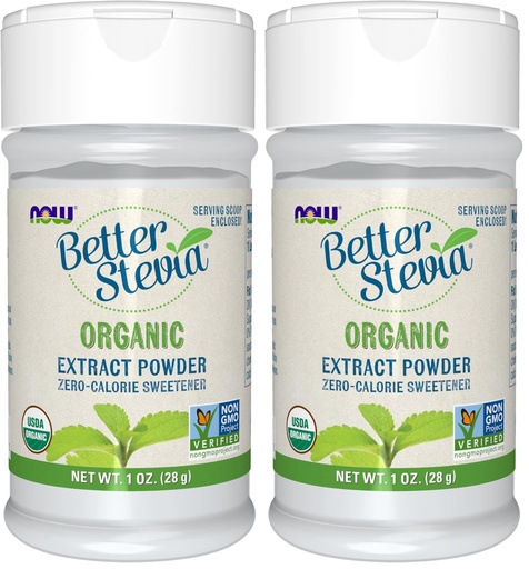 [BRSREEATBACGMGTF] NOW Foods, Certified Organic Better Stevia, Extract Powder, Zero-Calorie Sweetener, Certified Non-GMO, 1-Ounce(Pack of 2)
