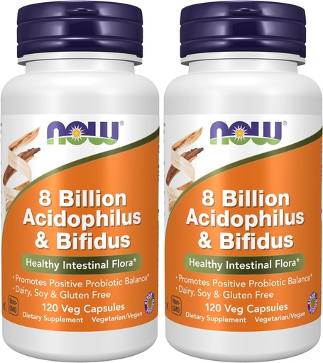 [BRSRGGQKOR6RSDI6] NOW Foods Supplements,8 Billion Acidophilus & Bifidus,Dairy,Soy and Gluten Free,Strain Verified,120 Veg Capsules,(Pack of 2)