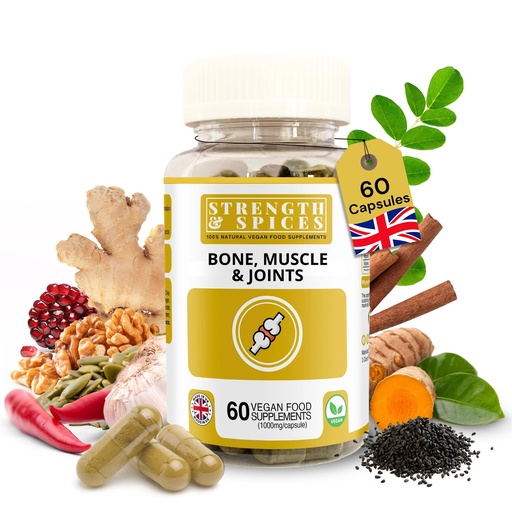 [BRSROBALPMGWY3Q4] Strength & Spices Bone, Muscle & Joints 100% Natural Supplement – 28 Ingredients w Turmeric - 60 Vegan UK Made 1000mg Capsules – Mobility and Flexibility Support