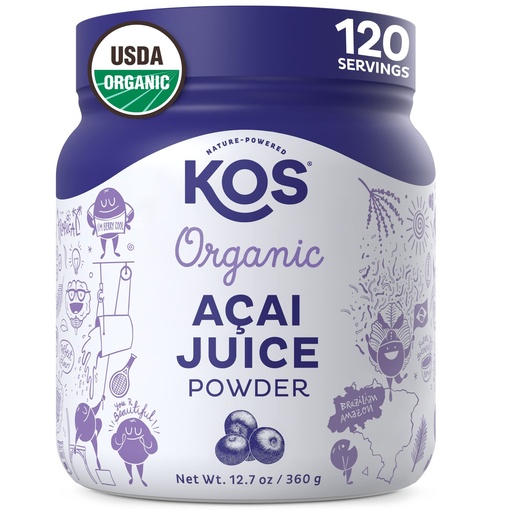 [BRSWGHAOCMDRMFLZ] KOS Organic Acai Juice Powder - USDA Certified Organic, Plant Based Superfood Antioxidants, Superberry from Brazil, Great for Smoothies and Bowls, 0g Sugar, Vegan, Gluten-Free, Non-GMO - 120 Servings
