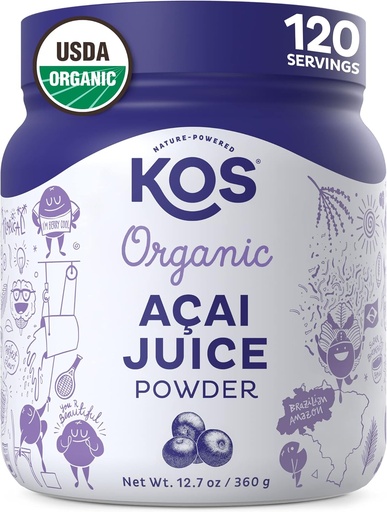 [BRSWGHAOCMDRMFLZ] KOS Organic Acai Juice Powder - USDA Certified Organic, Plant Based Superfood Antioxidants, Superberry from Brazil, Great for Smoothies and Bowls, 0g Sugar, Vegan, Gluten-Free, Non-GMO - 120 Servings