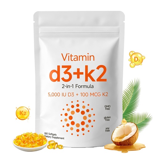 [BRSRGBALPNYBUYDF] Vitamin D3 K2 MK-7 Supplement 5000IU D3 & 100mcg K2 Softgels, Extra Strength 2-in-1 Vitamin Complex, Supports Immune Function, Bone Density & Cardiovascular Health, Non-GMO Gluten Free, 180 Softgels