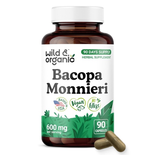 [BRSRAHA3B4PAODLG] Wild & Organic Bacopa Capsules 600 mg - Brain Support - Natural Bacopa Monnieri Supplement - Brahmi Capsules - 90 Days of Supply - Vegan, No Fillers, Non-GMO - 90 Count