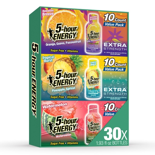[BRSREYITBYIWA2T2] 5-hour ENERGY VARIETY PACK Hawaiian Breeze, Tropical Burst & Watermelon Flavors, 30 Count, 1.93 Fl Oz Energy Shot, Extra Strength, Amino Acids, B Vitamins, Sugar Free and Zero Calories