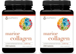 Youtheory Marine Collagen - 2,500 mg Hydrolyzed Collagen - Supports Skin* - Fish-Sourced Collagen - with Vitamin C, A, C, E, B6, B12 & More - Highly Digestible and Absorbable - 290 Tablets (Pack of 2)