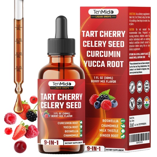 [BRSREGAQBUDQGD3J] Tart Cherry Extract Liquid Drops - 9in1 with Celery Seed, Curcumin, Yucca Root, Boswellia, Chamomile, Milk Thistle, Ginger, and Citrus Limon - Vegan, Non-GMO - 30ml 1 Fl Oz