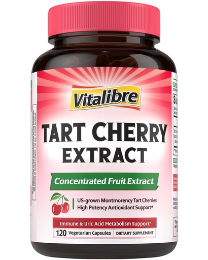 [BRSRABI2BAHQYGQ6] Vitalibre Tart Cherry Capsules, 500 mg Tart Cherry Extract Per Capsule, Uric Acid Balance, Immune Support, Non-GMO, 120 Vegan Capsules
