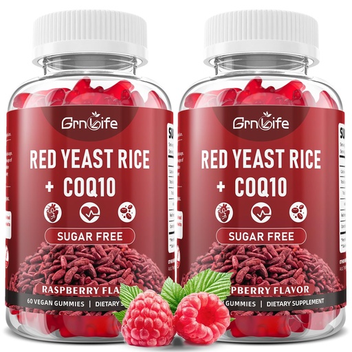 [BRSREFIKCB5G23TZ] 2 Pack Red Yeast Rice with Coq10 Gummies, Red Yeast Rice Supplement, Sugar Free, Raspberry Flavor, 120 Count