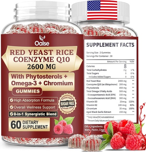 [BRSRE2YQABYAGHY3] Sea Moss Red Yeast Rice with CoQ10 Gummies, 2400mg Red Rice Yeast, CoQ10 200mg with Phytosterols, Omega - 3 & Chromium,- 60 Count, Raspberry Flavor for Women & Men