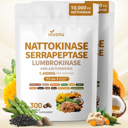 [BRSRYYL2CEFBQFL5] VivoNu Nattokinase 300 Softgels, 500mg(10,000 FU) Per Serving | 17-in-1 Organic Nattokinase Supplement with Serrapeptase*,Lumbrokinase*,CoQ10,AMLA&Turmeric|for Heart* Health|Non-GMO