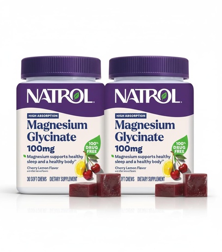 [BRSRGFT3BNYAGALD] Natrol Magnesium Glycinate Supplements 100mg, Cherry Lemon Soft Chews for Healthy Sleep and Body, Magnesium Glycinate 100mg, Up to a 30 Day Supply (Pack of 2)