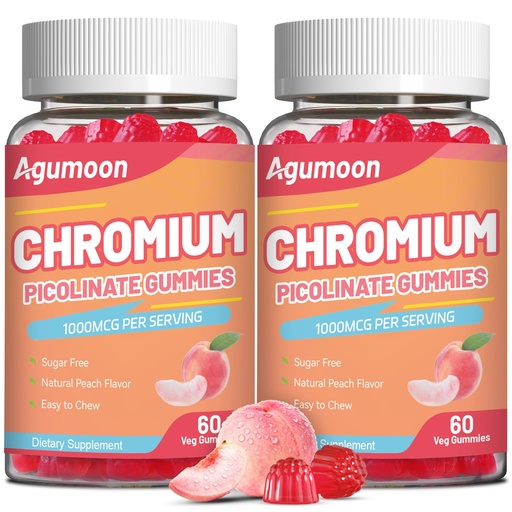 [BRSREFAFDEFQOD3V] 2 Pack Chromium Picolinate Gummies 1000 mcg, Vegan, Gluten-Free, Peach Flavor, 120 Vegan Gummies
