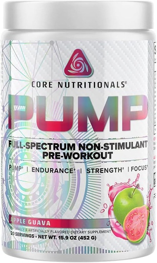 [BRSROZYQOUIAKC34] Core Nutritionals Pump Full-Spectrum Non-Stimulant Pre-Workout, with N03T Nitrate, Peak02, Alpha GPC, for Maximum Pump, Strength, and Performance 20 Servings (Apple Guava)