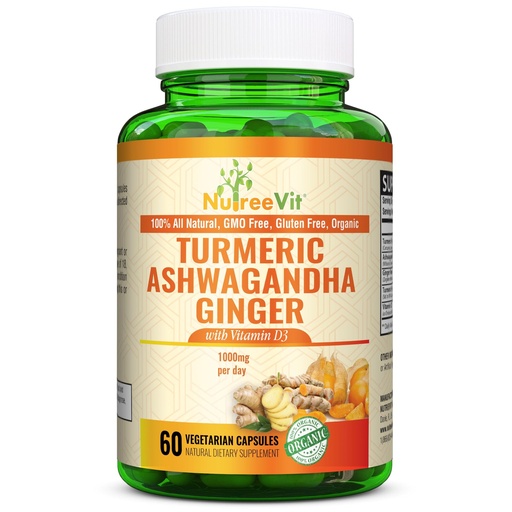 [BRSRMHT4AR7QI3LB] NutreeVit Organic Turmeric Ashwagandha Ginger Vitamin D3-60 Capsules - Extra Strength Ashwagandha Root Turmeric Supplement Immune Support - Ashwagandha Supplements with Natural Ginger and Turmeric