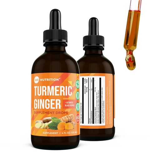 [BRSWGZQZOQHWCC3F] 360 Nutrition Turmeric and Ginger Supplement Drops, Vegan Turmeric Curcumin with Black Pepper, Caffeine Free, 4 fl oz, 60 Servings