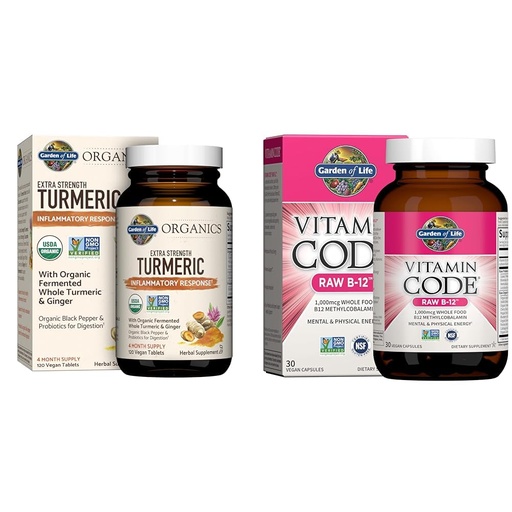 [BRSRAZYQOJ6AOE37] Garden of Life Organics Extra Strength Turmeric Inflammatory Response 120 Tablets-100Mg Curcumin B12 - Vitamin Code Raw - 30 Capsules, 1,000mcg Methylcobalamin Vegan Gluten Free Supplements Bundle