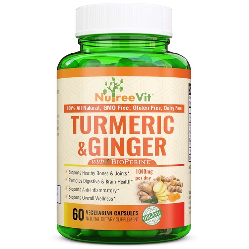 [BRSWYAT6C4HA4HL4] NutreeVit 100% Organic Turmeric Curcumin with BioPerine & Ginger 95% Curcuminoids 1950mg - Black Pepper for Absorption, Made in USA, Natural Immune Support, Turmeric & Ginger Supplement (240 Count)