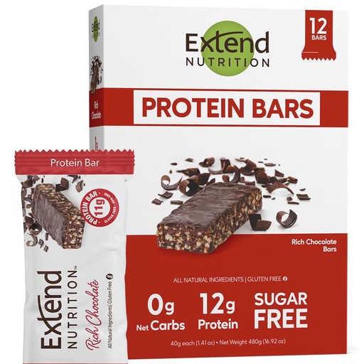 [BRSWIYQYCYOQMFL2] Extend Nutrition Sugar Free High Protein Bars, Perfect Sugar Free Snacks for Diabetes, Protein Bars for Hunger Control & Steady Energy, Low Carb, Keto, Intermittent Fasting, Rich Chocolate, 12 Count