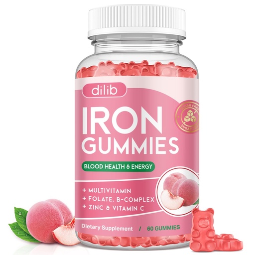 [BRSRAADRA56R42QY] Iron Gummies with Multivitamin, Iron Supplement for Women & Men, Kids Multivitamin with Iron, Zinc, Vitamin B Complex & C, B12, Folate - Blood Builder, Energy Support, Peach Flavor, Vegan 60 Gummies