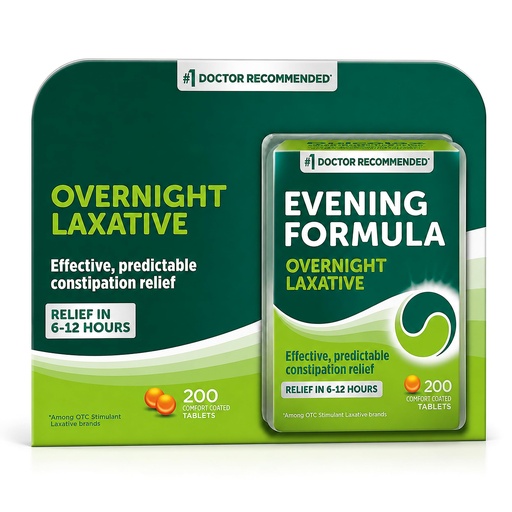 [BRSRYYAHOV5WACDU] Evening Formula Laxative 200 CT, Overnight Relief in 6-12 Hours, Relieves Bloating and Straining, Bisacodyl 5mg Tablets