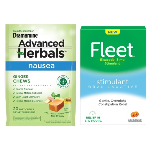 [BRSRABIZO4GQAA3V] Dramamine Fleet + Advanced Herbals Digestive Convenience Bundle, Oral Laxative Stimulant Tablets 25 Count, Ginger Soft Chews 20 Count