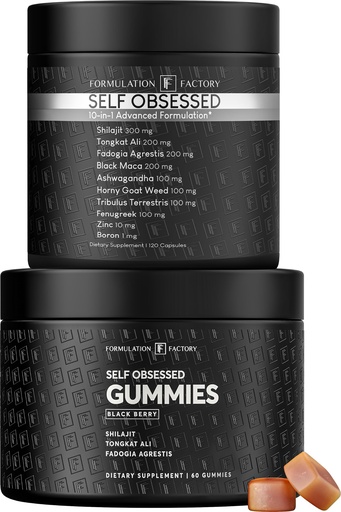 [BRSRYZT7BUJQYCIV] Formulation Factory Self Obsessed Capsules + Shilajit Gummies (Bundle) – Men's Testosterone Booster with Shilajit, Tongkat Ali & Fadogia Agrestis, 10-in-1 Daily Capsule Plus Black Berry Gum