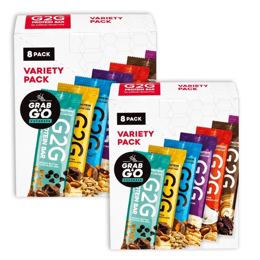 [BRSWYAT2C5YAMHTP] G2G Protein Bar, 8 Flavor Variety Pack, High Protein, Gluten-Free, Healthy Snack, Delicious Meal Replacement, Clean Ingredients, Refrigerated for Freshness, 16 Bars (2 Packs of 8)